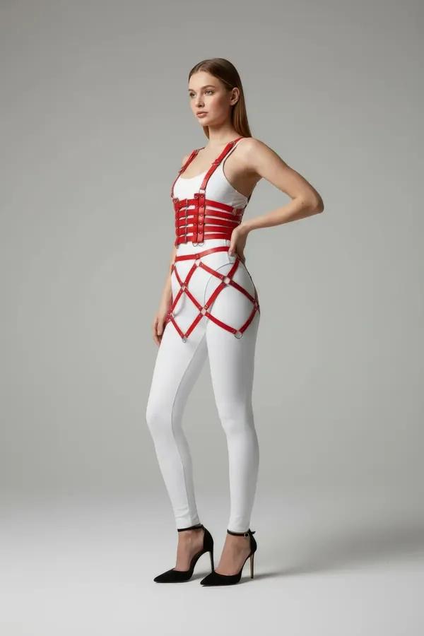 Red Faux Leather Chest & Waist Harness Set