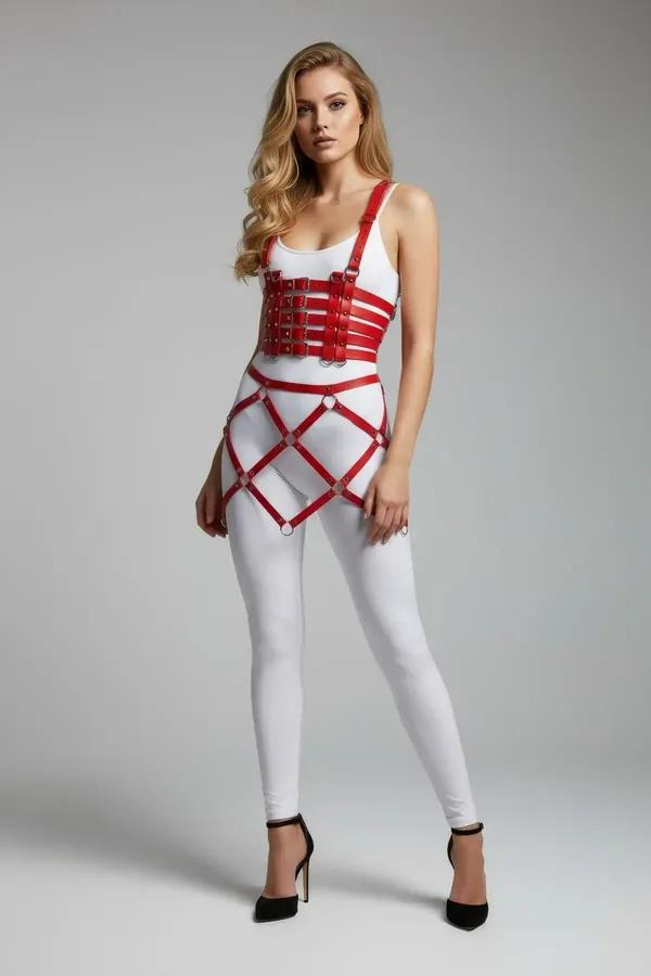 Red Faux Leather Chest & Waist Harness Set