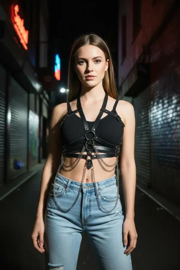 Faux Leather Body Harness with Cascading Chain Details