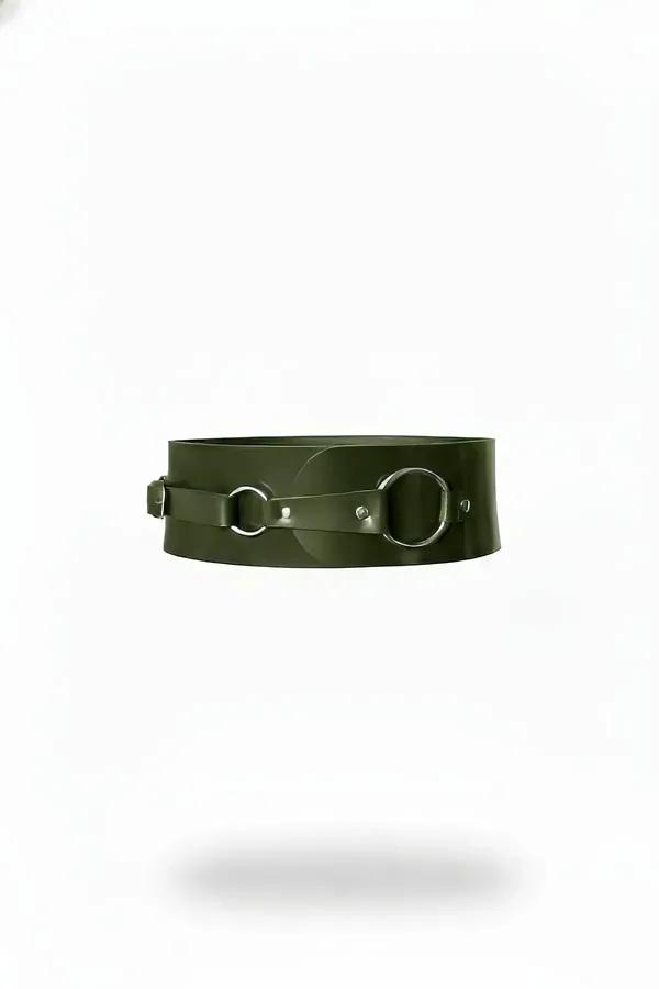 Wide Waspie Belt with Olive Green Vegan Leather & O-Rings