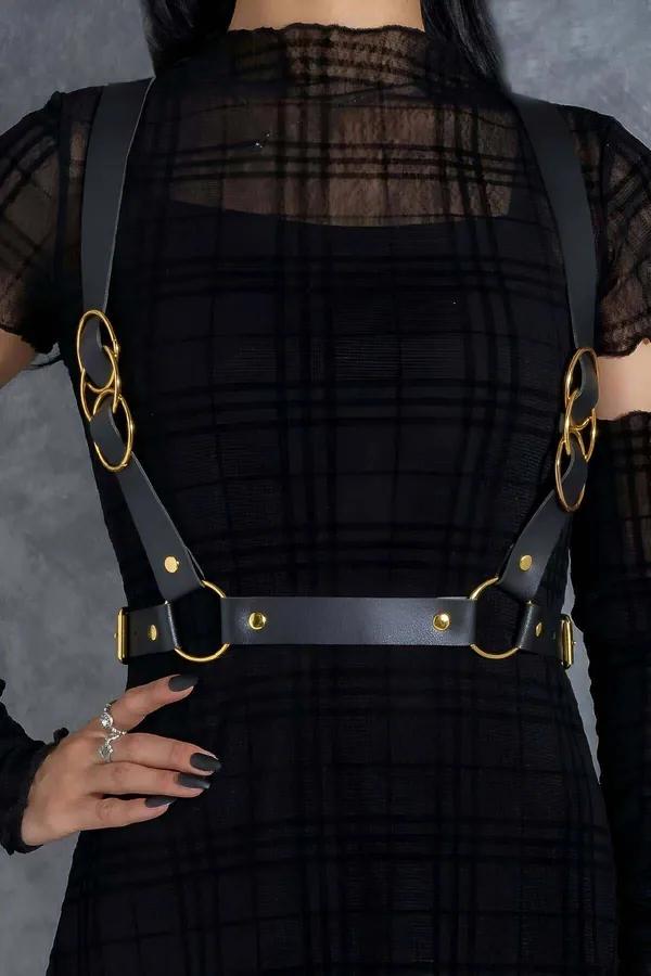Adjustable Chest Harness with Gold O-Rings & Studs