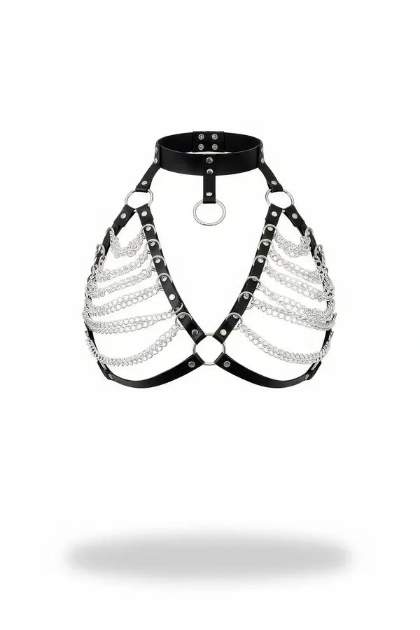 Faux Leather Chest Harness with Draped Silver Chains