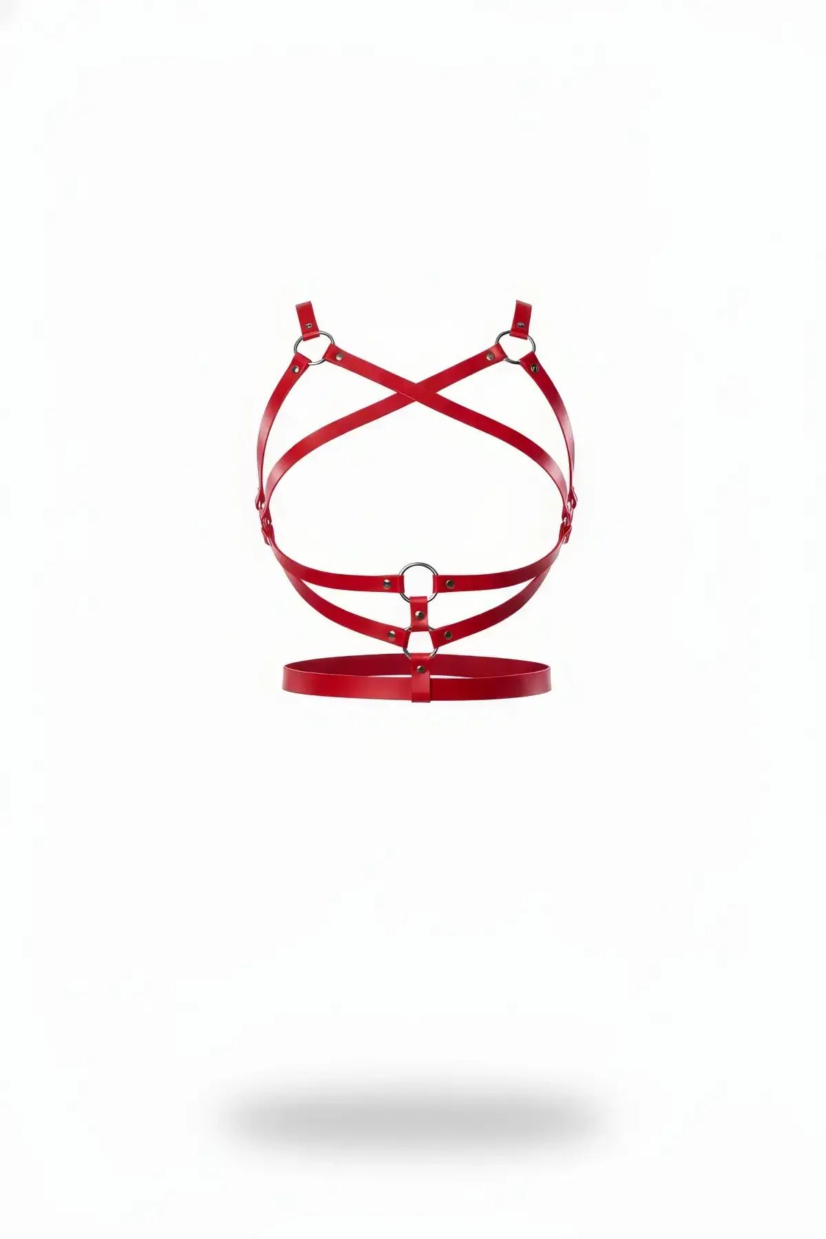 Red Faux Leather Chest Harness with O-Rings