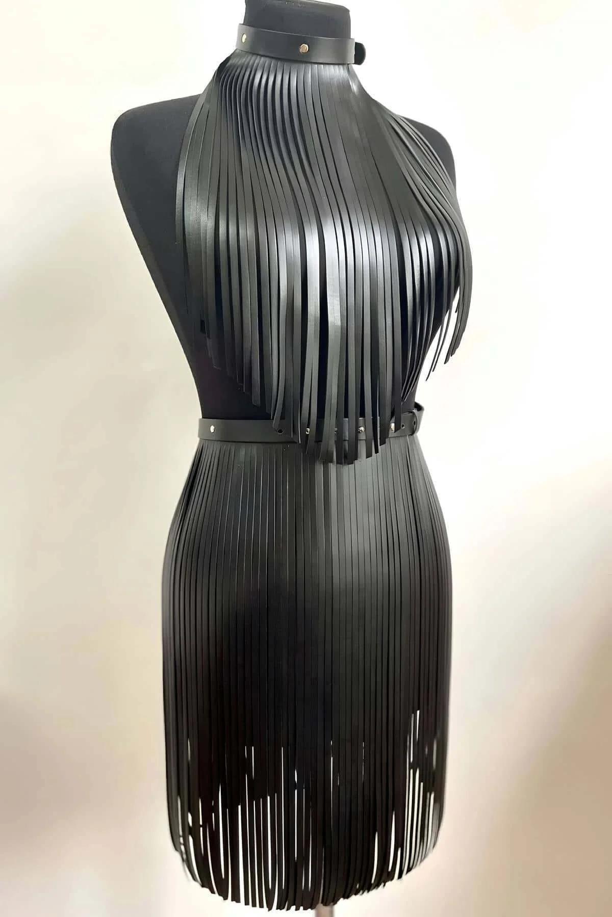 Fringe Halter Top and Skirt Set in Faux Leather