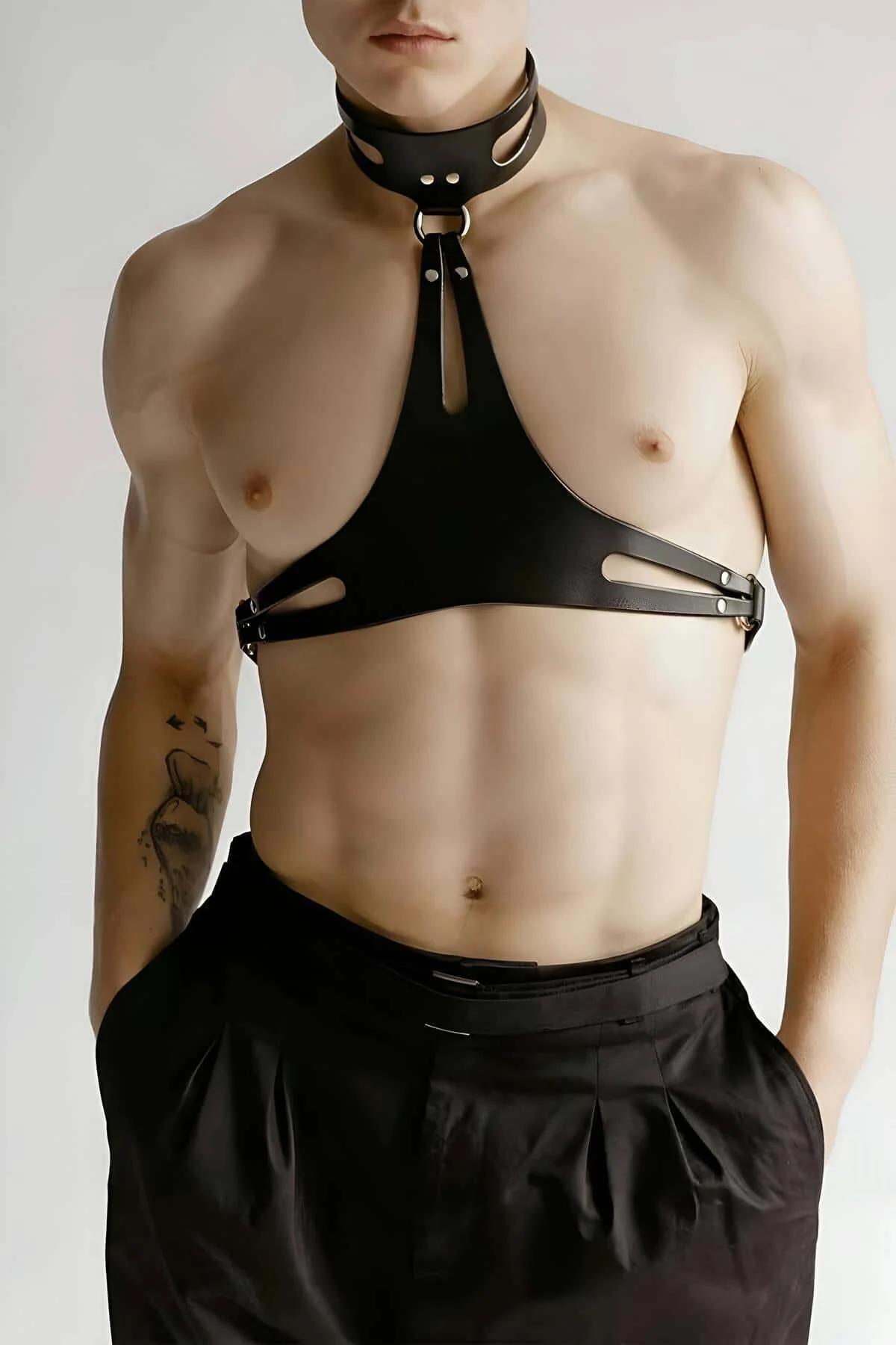 Faux Leather Chest Harness with Cut-Out Choker