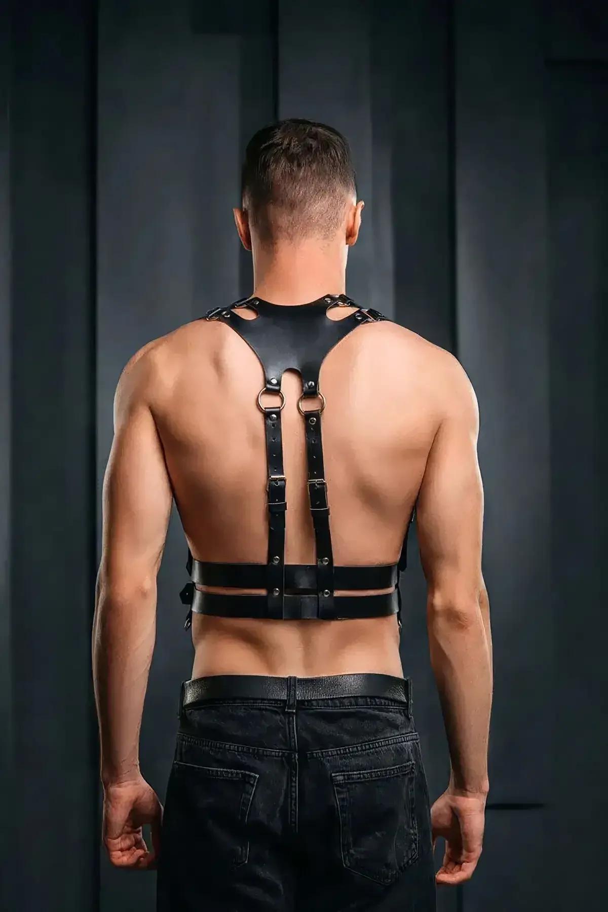 Black Faux Leather Chest Harness with O-Rings