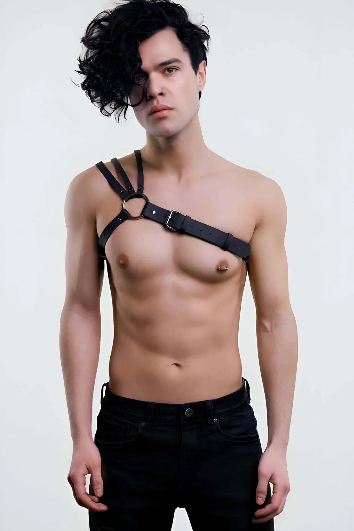 Asymmetrical Faux Leather Chest Harness with O-Ring
