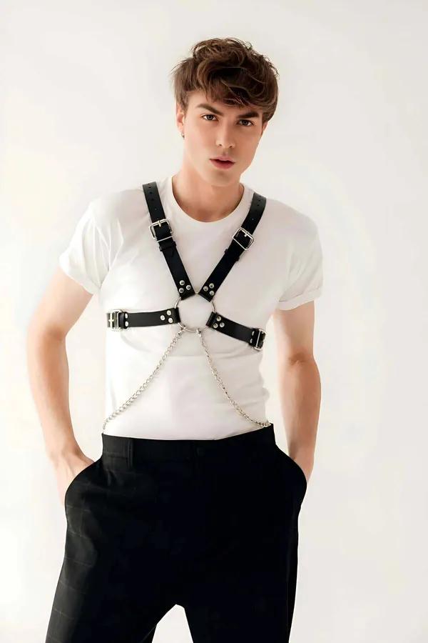 Faux Leather Chest Harness with Chain Detail