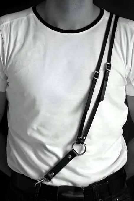 Black Faux Leather Chest Harness Men Adjustable Straps Silver O-Ring