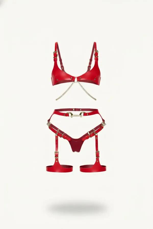 kırmızı vegan deri harness takım altın toka zincir detaylı bralette ve bacak askısı seti