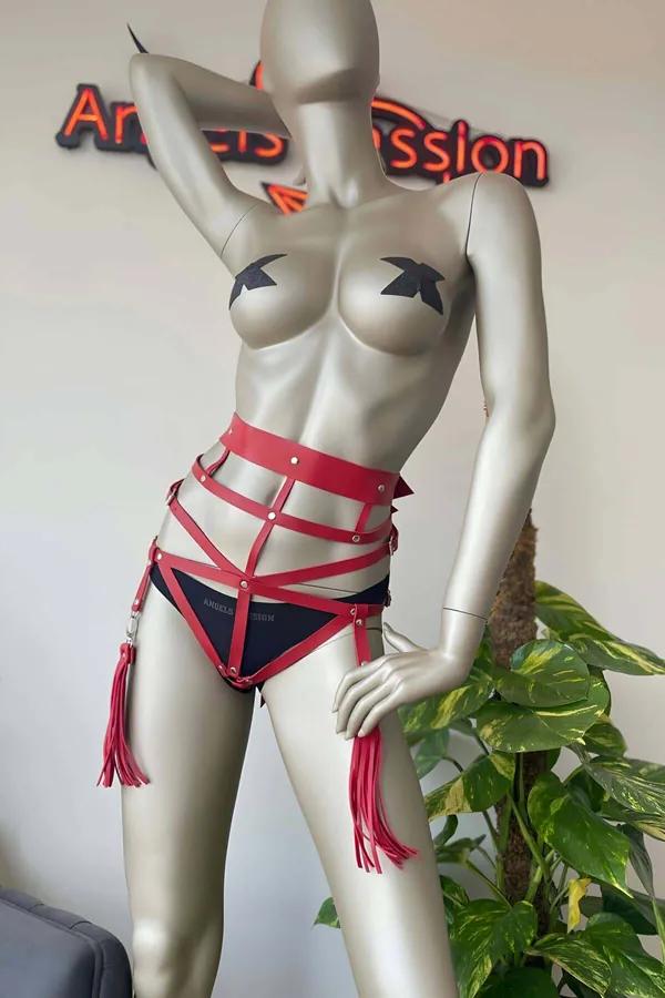 Red Faux Leather Waist Harness with Tassel Garter Straps