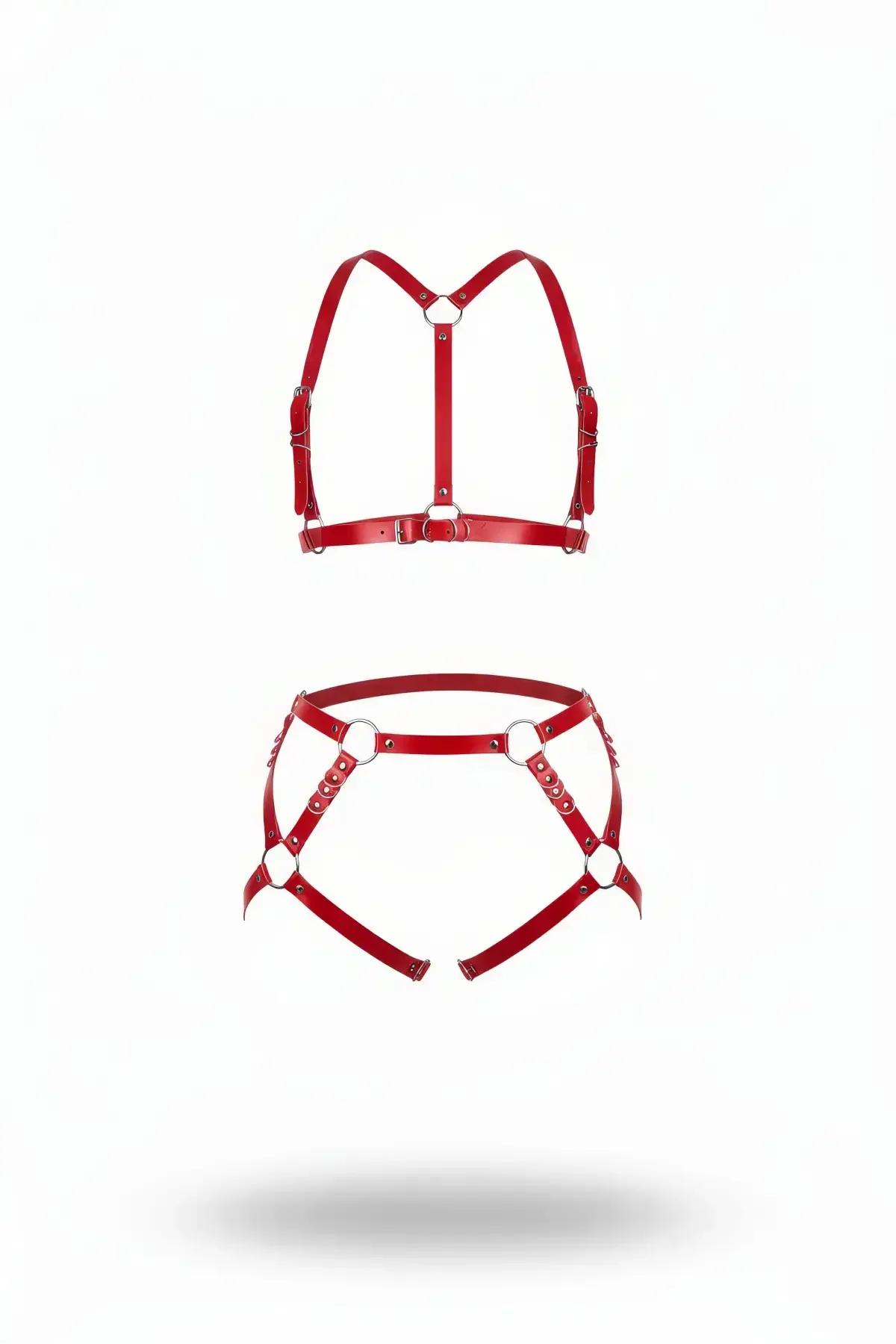 kırmızı vegan deri harness takım gümüş O-halka iki parçalı set, göğüs ve bel harness
