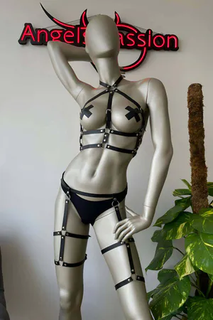 Black Leather Garter Harness Fancy Underwear Set