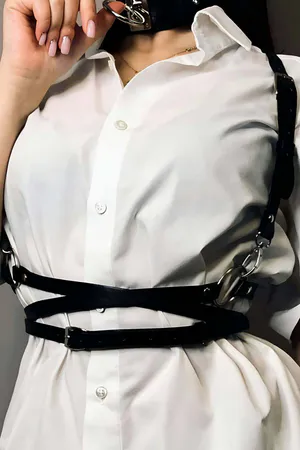 Adjustable Leather Corset Belt and Choker Leash Set - APFT644