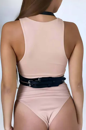 Fancy Leather Harness with Chest Detail and Tied at the Neck and Waist - APFT760