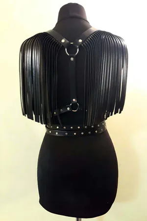 Leather Belt with Tassel Detail on Shoulders, Tasseled Leather Harness with Strap - APFT1004