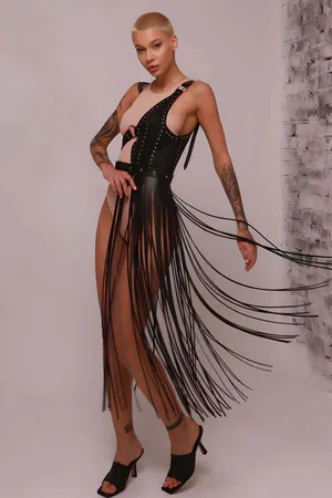 Tasseled Leather Jacket Harness, Tasseled Sexy Leather Harness - APFT1014