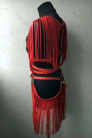 Stylish Red Leather Skirt with Tassel Detail - Jacket Set, Leather Skirt and Jacket Set - APFT1005