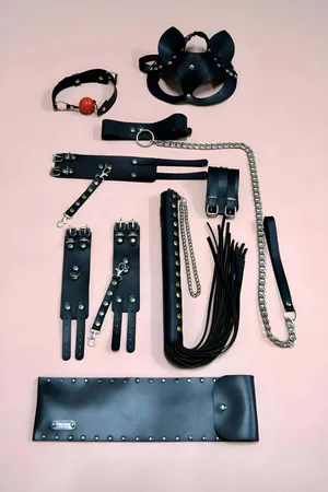 Fantasy Whip and Handcuffs Set, Set of 6, Foot - Hand Clamps, Mask, Mouth Ball - APFT1308