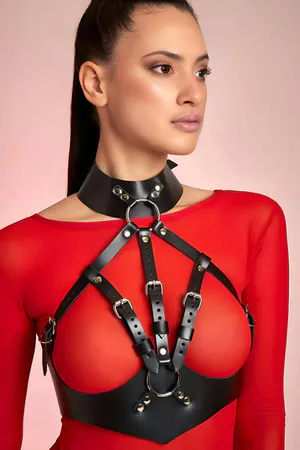 Halter Neck Open Breast Leather Fantasy Bra Harness - APFT1286