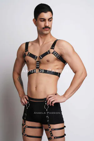 Men's Leather Chest Harness and Leg Harness Set - APFTM195