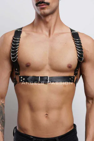 Stylish Men's Chest Harness with D Ring Detail, Men's Leather T-Shirt Accessory - APFTM92