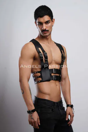 Leather Men's Club Wear, Fancy Men's Clothing, Leather Cuffed Men's Harness - APFTM118