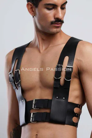 Leather Men's Club Wear, Fancy Men's Clothing, Leather Cuffed Men's Harness - APFTM118