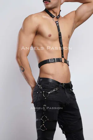 Men's Garter and Chest Harness, Leather Men's Leg Harness, Leather Chest Harness, Partywear, Clubwear - APFTM202