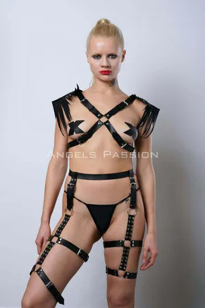 Sexy Garter Set with Tassels on the Shoulders, Whip Leather Garter Set - APFT1344
