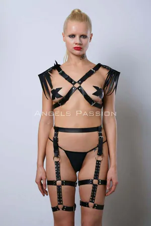 Sexy Garter Set with Tassels on the Shoulders, Whip Leather Garter Set - APFT1344