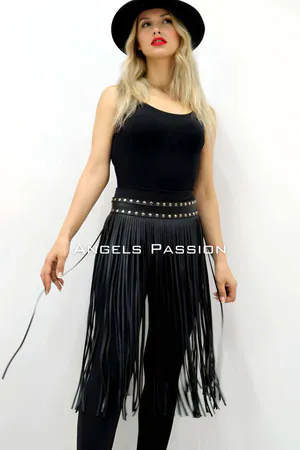 Stylish Leather Skirt with 5 mm Tassels, Below Knee Tassel Skirt - APFT1398