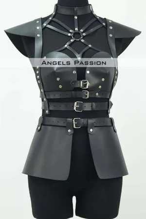 Leather Mini Dress, Leather Harness Skirt and Chest Set - APFT1371