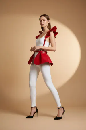 Red Skirt Leather Flounce Shoulder Peplum - APFT1001