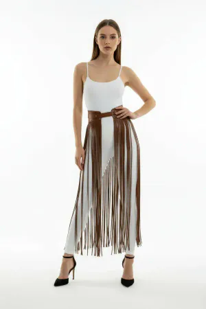 Brown Skirt Thick Belt Long Skirt with Rope Detail - APFT1003