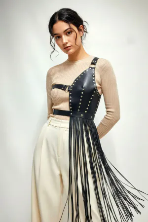 Black Skirt with Leather Studs and Asymmetrical Tassels - APFT1014