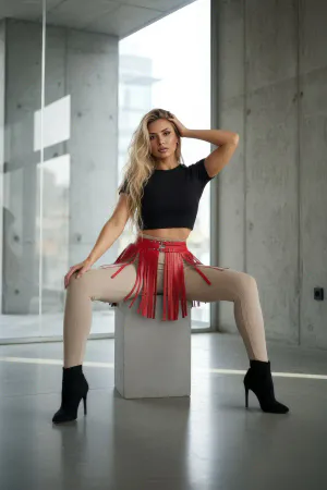 Red Skirt Leather Buckle Tasseled Short Skirt - APFT1400