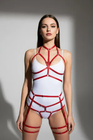 Red Harness Suit Neck Detailed Body Garter Set - APFT142