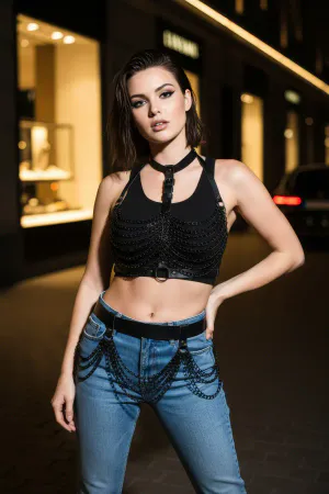 Black Women's Belt Waist Accessory with Multiple Chain Detail - APFT438