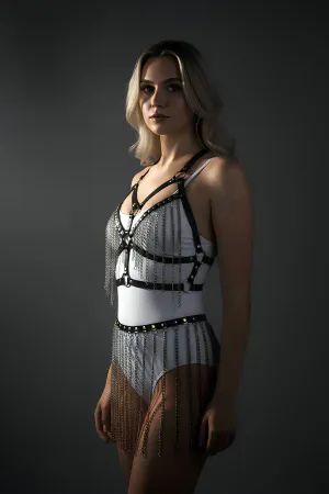 Black Skirt with Leather Belt and Long Chain Detail - APFT496