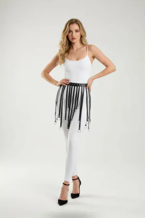 Black Skirt Faux Leather Skirt Ringed Skirt with Ribbon Detail - APFT579