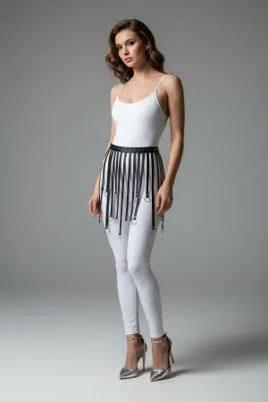 Black Skirt Faux Leather Skirt Ringed Skirt with Ribbon Detail - APFT579