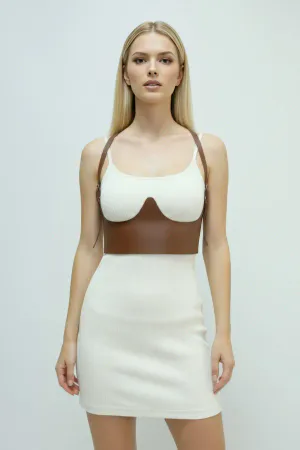 Tan Women's Belt Corset Cut Shoulder Detail Faux Leather - APFT614