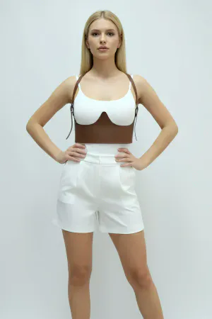 Tan Women's Belt Corset Cut Shoulder Detail Faux Leather - APFT614