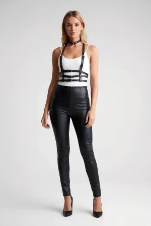 Black Women's Belt Leather Body Accessory with Multiple Buckles - APFT615