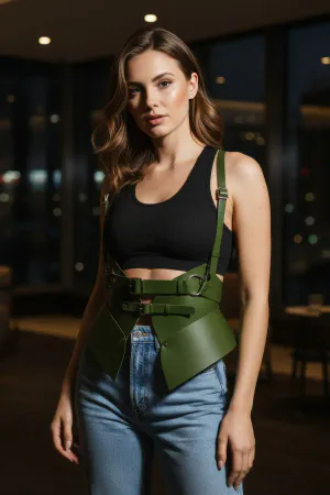 Khaki Women's Belt Leather Shoulder Detailed Wide Waist Accessory - APFT616