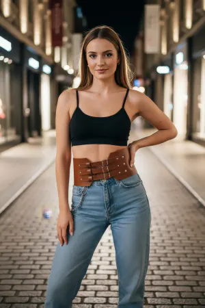 Tan Women's Belt Thick Three-Buckle Wide Waist Accessory - APFT618