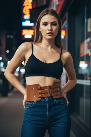 Tan Women's Belt Thick Three-Buckle Wide Waist Accessory - APFT618