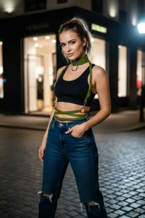 Khaki Women's Belt O-Ring Detailed Cross-Tied Body Accessory - APFT644