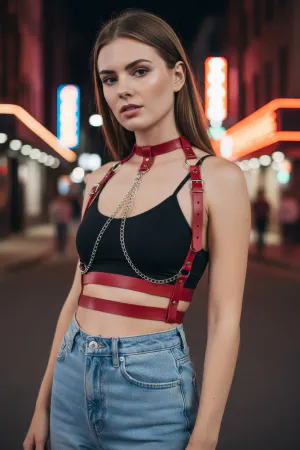 Red Women's Belt Leather Body Harness with Chain Detail - APFT824